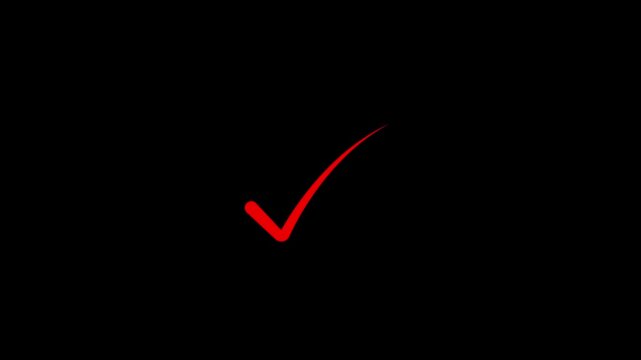 Red checkmark symbol on black background isolated animation check symbol approval sign validation mark