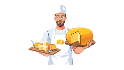 Cheese Artisan's Culinary Display: A skilled artisan, proudly presenting an array of delectable cheese selections, including whole cheese and portioned pieces.