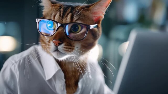 Ginger cat wears glasses and a shirt. It stares at a laptop with focus. Soft office lights frame the scene. The cat's expression shows concentration. Perfect for tech, business, or humorous content