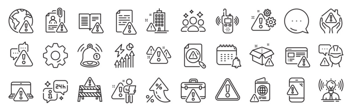 Warnings line icons. Settings gear, Message, Inflation icons. Caution sign, Exclamation mark, Risk attention. Danger alert, error caution, urgent information line icons. Vector