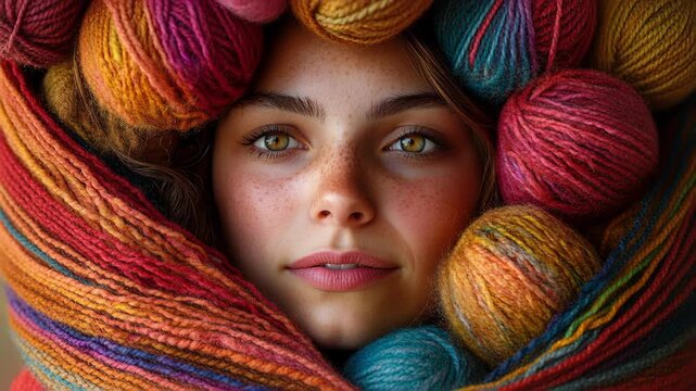 Joyful face of a beautiful young woman with freckles looking at camera surrounded by colorful yarn