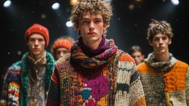Group of male models walking the runway during a fashion show presenting a new winter collection