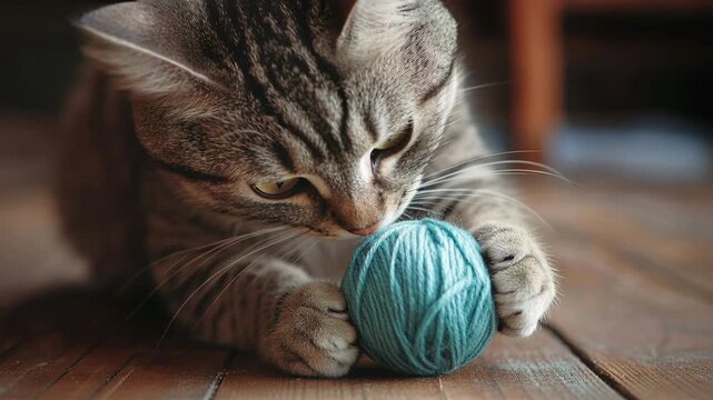 Cute domestic tabby kitten having fun and playing with a turquoise ball of wool on a wooden floor