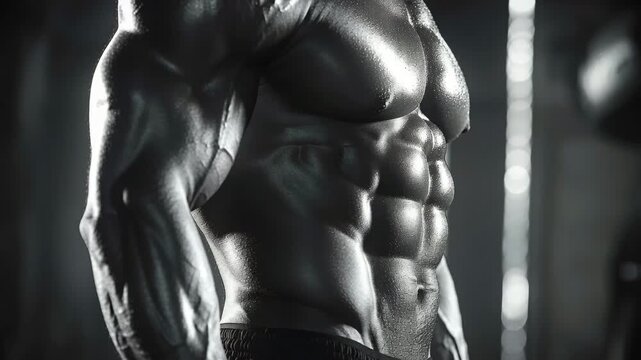 Close up of a shirtless male athlete with a perfectly ripped torso showing off his muscles