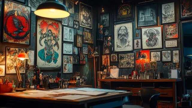 Interior of a creative tattoo parlor with drawings, sketches, and art covering the walls