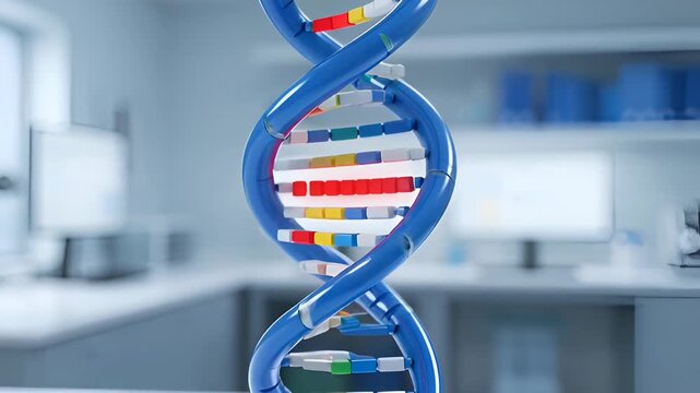 Colorful DNA double helix model rotates on a laboratory table, showcasing intricate details of nucleotide sequences and molecular structure in a modern research environment