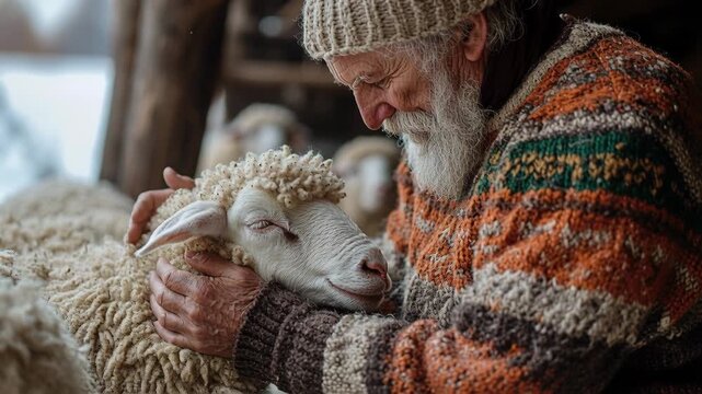 Caring senior farmer with a long white beard affectionately stroking a fluffy sheep in a barn