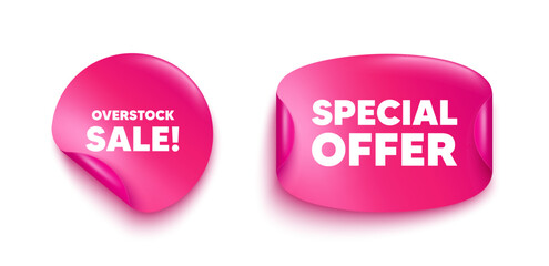 Overstock sale sticker banner. Paper price label. Overstock sale tag. Special offer price sign. Advertising discounts symbol. Paper sticker with message. Offer label banner. Vector