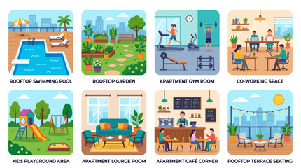 Vector illustration set showcasing diverse modern urban apartment amenities, featuring recreational facilities, fitness centers, co-working spaces, and social areas for contemporary community living