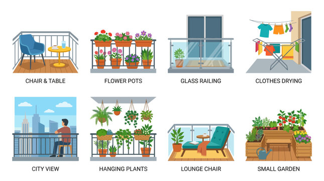Vector illustrations showcasing various modern apartment balcony designs, featuring outdoor living spaces for urban relaxation, gardening, laundry, and city view