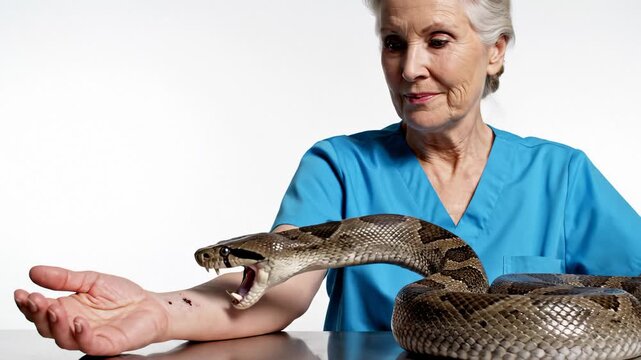 Elderly Woman in Blue Scrubs Gently Interacting With a Large Python Snake