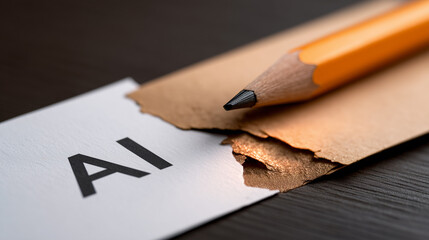 A pencil lies on a torn piece of paper with the letters AI written on a white background.