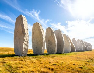Naklejka premium Ancient Standing Stones in a Row on a Grassy Hill Under a Bright Blue Sky.
