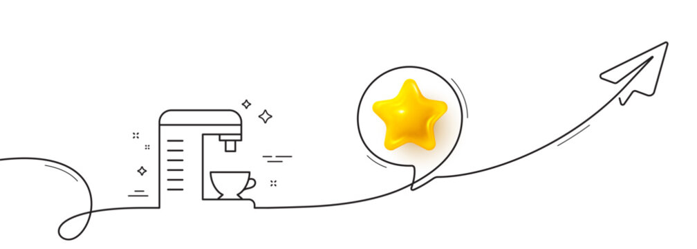 Coffee machine line icon. Continuous line with share plane. Hot drink sign. Fresh beverage symbol. 3d star in speech bubble. Coffee machine single line ribbon. Loop curve pattern. Vector