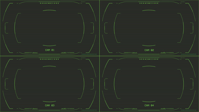 Retro futuristic green overlay CCTV set of four display on screen. 16:9 format video template. CCTV camera overlay surveillance and security. Green retro-futuristic UI overlay.