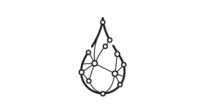 A black line art illustration of a water droplet with connected nodes.
