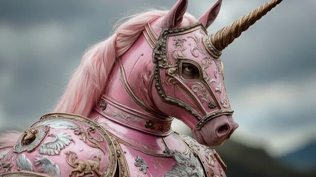 Majestic pink unicorn wearing ornate medieval battle armor against a stormy sky background