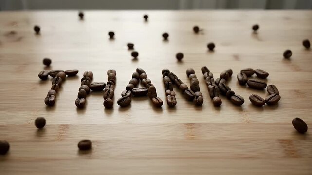 Coffee beans arranged to spell the word "thanks" on a wooden table, with scattered beans creating a warm, inviting atmosphere in a cozy setting