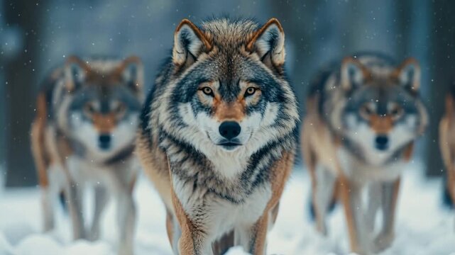 Dominant alpha gray wolf leading its pack through heavy snow in a cold, wintry forest landscape