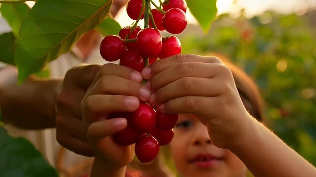 Asian male farmer and young girl picking cherries together in a lush orchard, with baskets filled with ripe fruit under a warm sunset sky