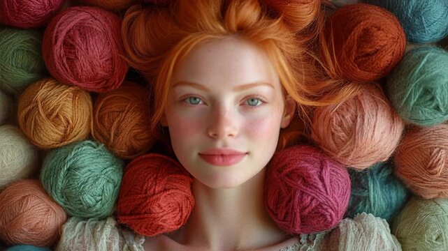 Cheerful young woman with red hair and freckles lying among colorful skeins of yarn, top view