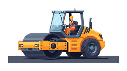 Fototapeta premium Road Roller at Work: A vibrant illustration showcasing a heavy road roller diligently at work on a fresh asphalt surface, driven by a skilled operator.