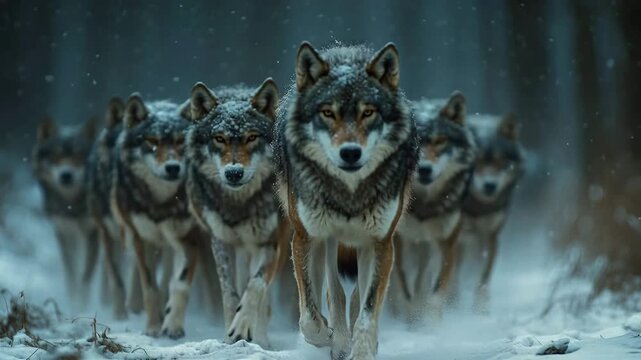 Pack of determined gray wolves running together through a snowy forest during a winter storm