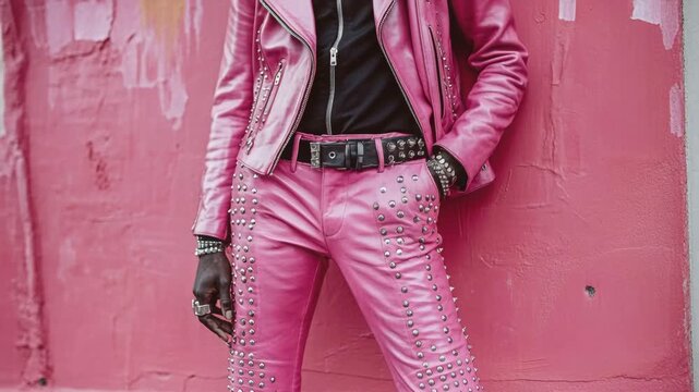 Stylish black man in a pink studded leather jacket and pants posing against a pink urban wall