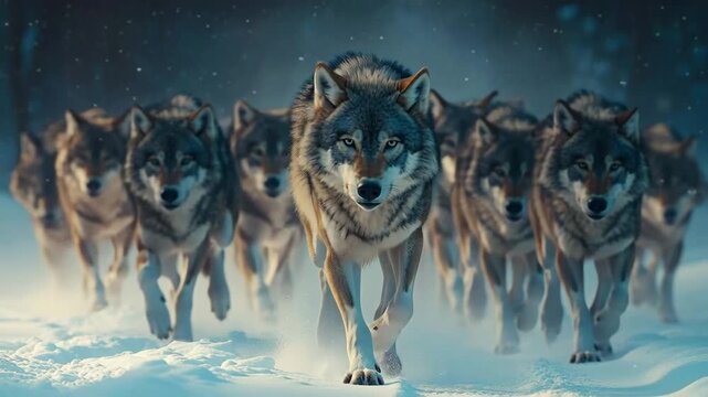 Pack of gray wolves running together through the deep snow during a winter night