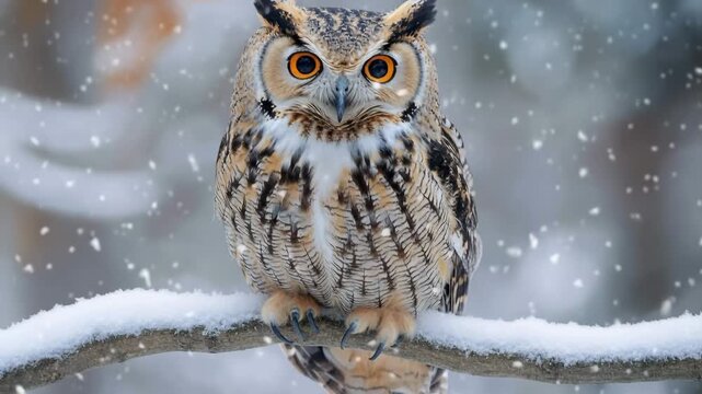 Majestic eurasian eagle-owl perching on a tree branch and looking around during a winter snowfall