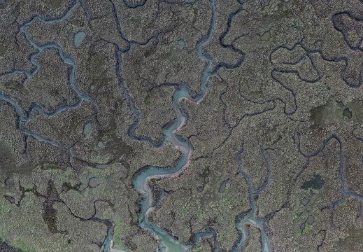 Aerial view of tidal channels and salt marsh patterns at Burnham Overy Staithe, Norfolk, England, UK