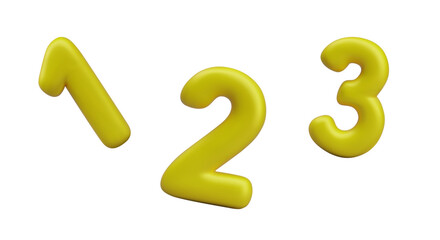 Yellow 3D numbers on white background. 1, 2, 3. Mathematical symbols. Vector composition, concept of teaching numbers. Template for preschools, schools