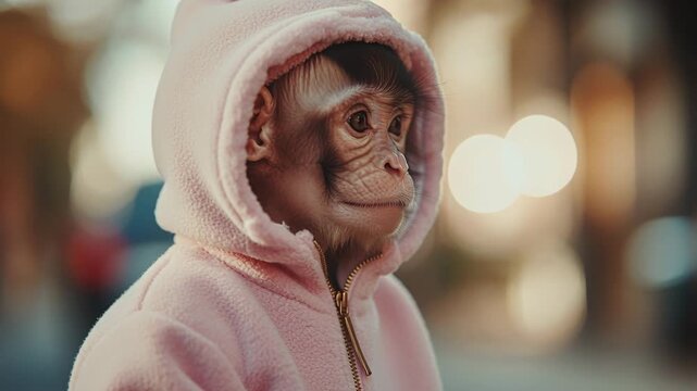 Adorable baby monkey in a pink hoodie looking around with a curious expression