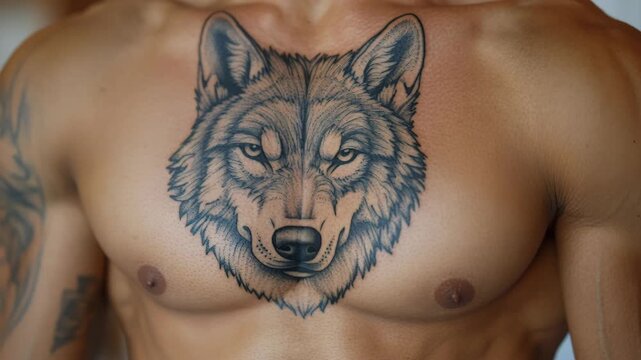 Close-up of a shirtless athletic man with a large wolf tattoo on his chest flexing his muscles