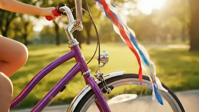 Joyful kids summer adventures unfold as a vibrant purple bicycle speeds through golden hour light, creating a beautiful handlebar tassel blur in the park.