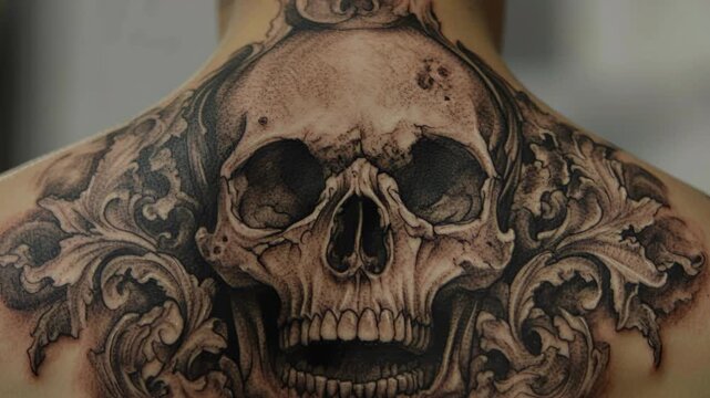 Large and intricate black and grey skull tattoo with baroque ornaments covering a person's upper back