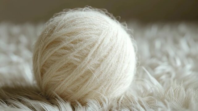 Delicate white ball of fluffy yarn for knitting on a soft and furry background