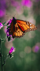 Obraz premium Mariposa, monarca, naranja, alas, patrón, venas, negras, puntos, blancos, posada, flor, púrpura, néctar, naturaleza, jardín, primavera, verano, delicadeza, fragilidad, belleza, insecto, detalle, macro