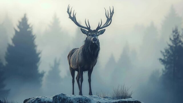 Proud red deer stag with large antlers standing on a snowy rock in a foggy, mysterious forest
