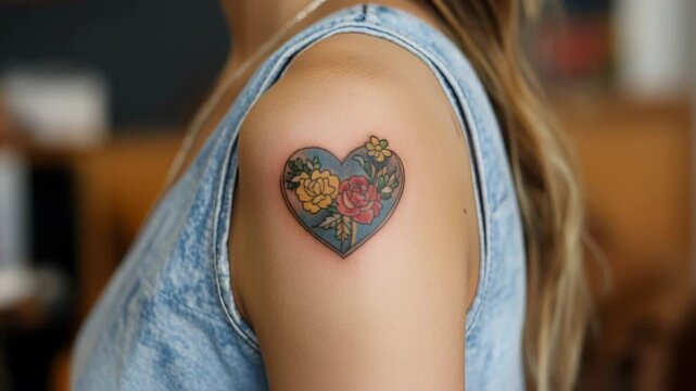 Freshly made colorful heart-shaped tattoo with flowers on a young woman's arm