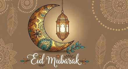 Eid mubarak greeting card with crescent moon and lantern on brown background with floral patterns © Tanveer