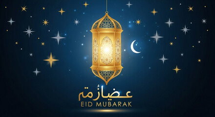 Eid mubarak greeting card with golden lantern crescent moon and stars on dark blue background © Tanveer