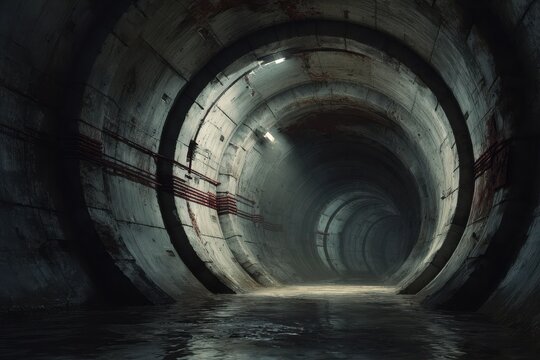 Dark underground sewer tunnel with circular concrete walls and flowing wastewater in moody lighting