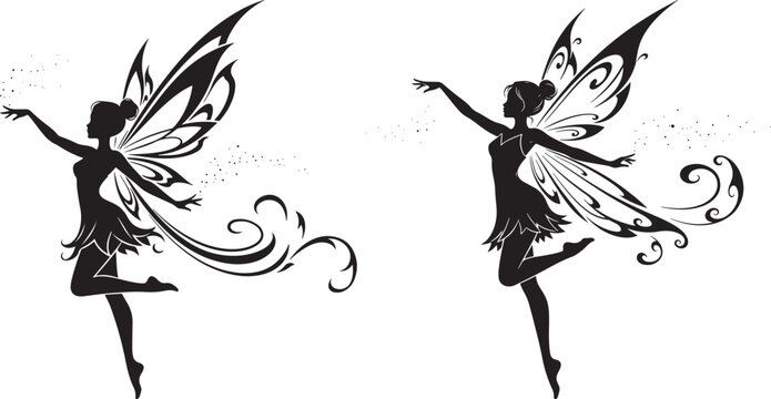 Black silhouette of two fairies with delicate wings, dancing gracefully on a white background. Magical, whimsical, fantasy vector illustration