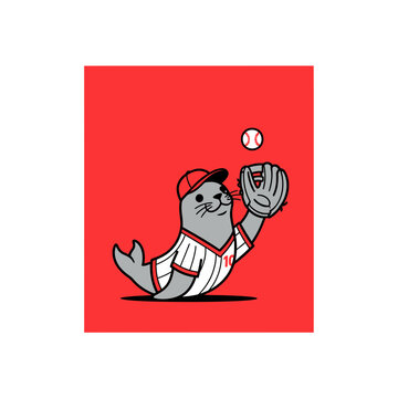 Baseball Seal Catching Ball Cartoon
