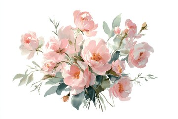 Fototapeta premium Delicate blush flowers and greenery in a watercolor botanical painting, isolated on white backdrop