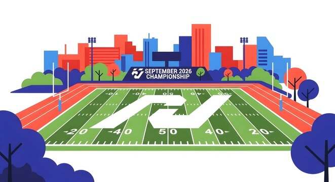 American Football Championship Stadium with City Skyline and Green Field.