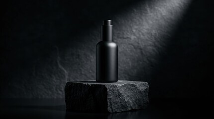 Black perfume bottle on a stone pedestal with dramatic spotlight