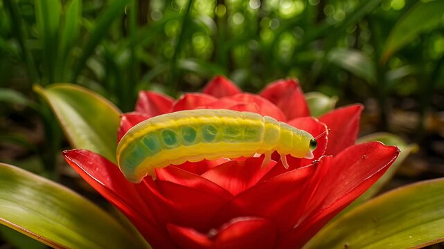Close-Up Macro Shot of a Translucent Caterpillar Crawling on a Vibrant Red Bromeliad Flower
