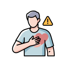 Obraz premium Man with hand on chest, heart symbol, and warning sign, representing heart health concerns.